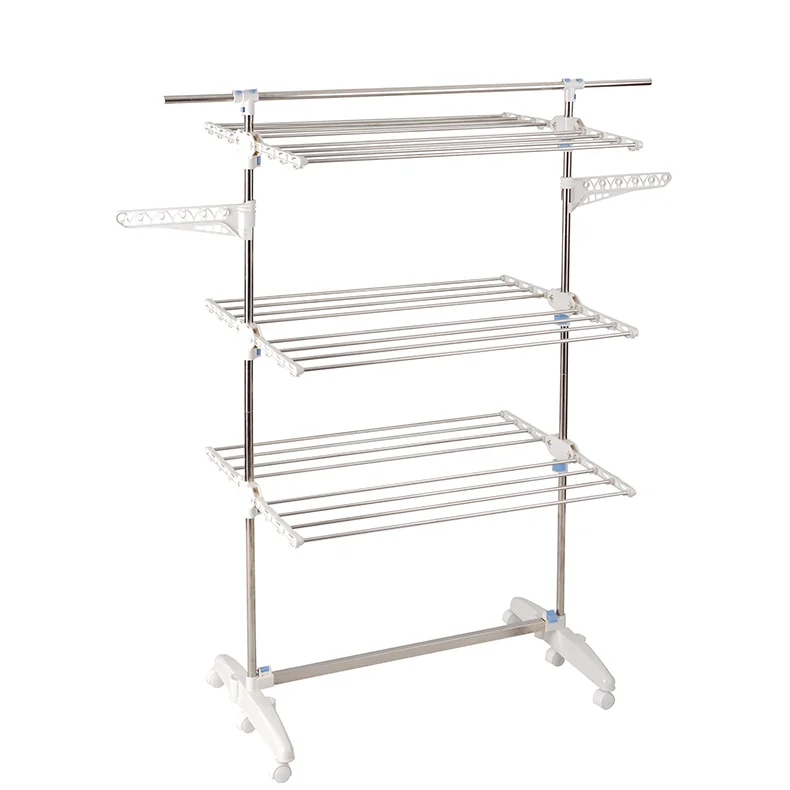 Hot Sale Standing 3 Tiers Coat Cloth Drying Rack Stainless Steel Clothes Hanger Racks Foldable Garment Dryer Rack
