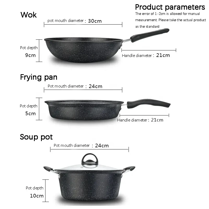 3 Pieces Cookware Pans and Pot, Nonstick Pots and Pans Set, Non Stick Stone Cookware Kitchen Cooking Set