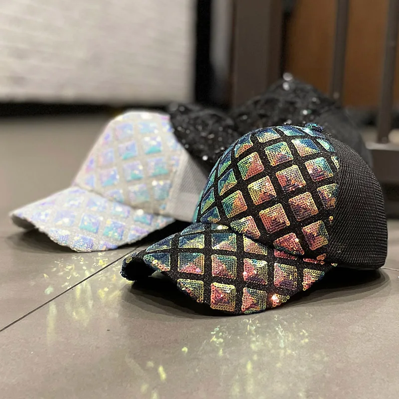 DATOU Wholesale Korean Style Glitter Grid Gauze Breathable Fashion Sun Cap Sunscreen Adjustable, logo Customised Baseball Hat