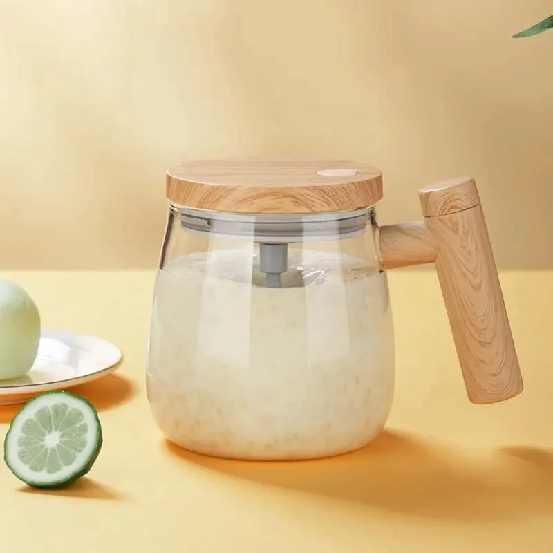 Capacity Scale 400ml Automatic Portable Electric Coffee Tea Milk Cocoa Mixer Cup  Magnetic Self Wooden Design Glass Stirring Mug