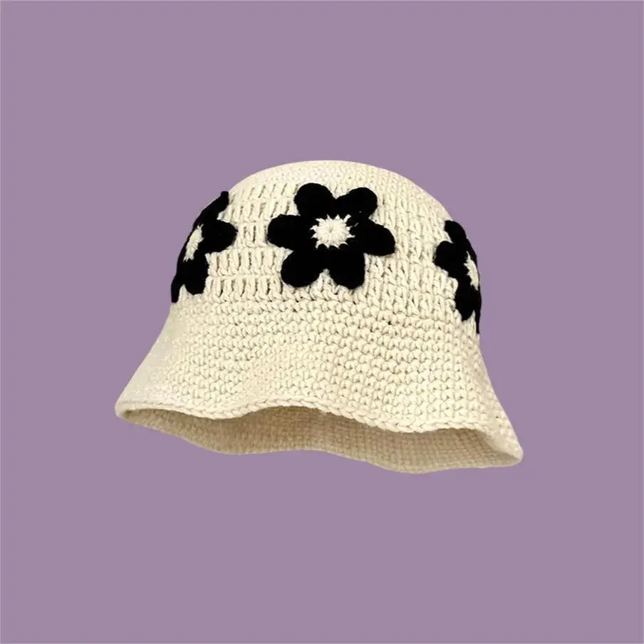 Ladies Fashion Handmade Stylish Crotched Knitted Bucket Hat Hollow Flower Casual Fisherman Hat