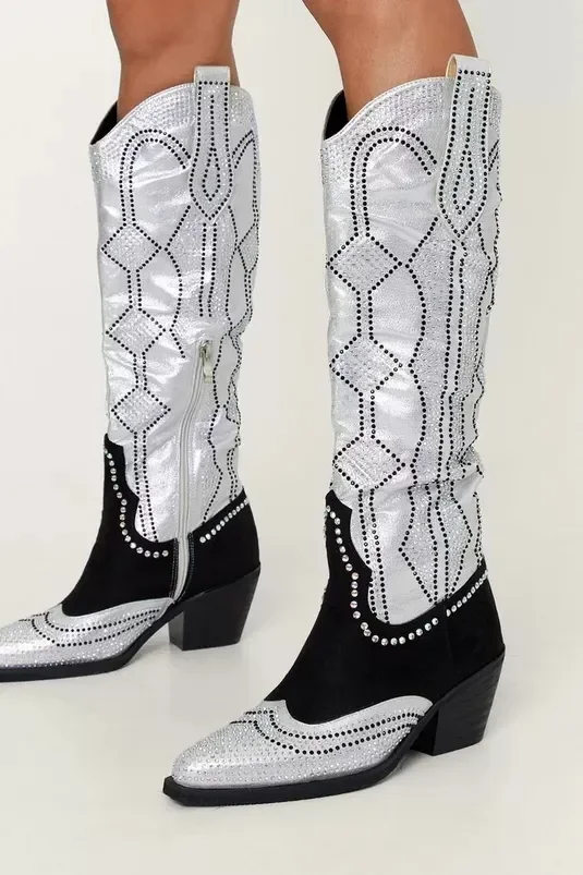 Women Crystal Boots Knee High Strange Style Knee High Boots For Women Pointed Toe Slip On Womens R iding Boots 44