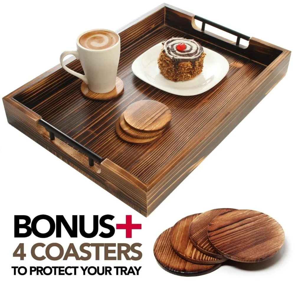 Large Wooden Serving Tray with Metal Handles Includes Set of 4 Coasters This 20x14 Ottoman Tray Known as Coffee Table Tray Decor