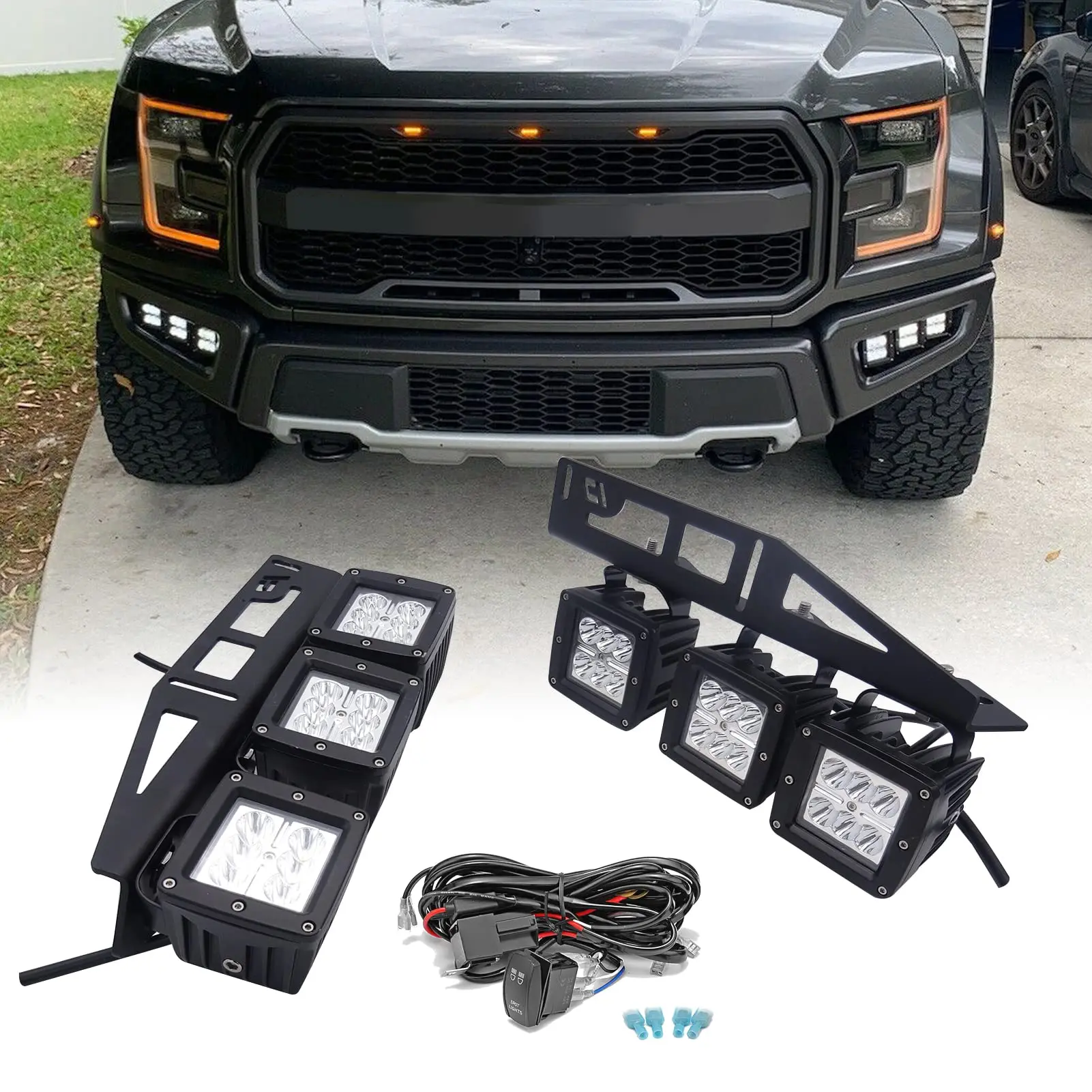 Front Hidden Bumper Fog Light Location Mounting Brackets Compatible with Triple Fog Lights Pod Fit 2017-2021 Ford Raptor
