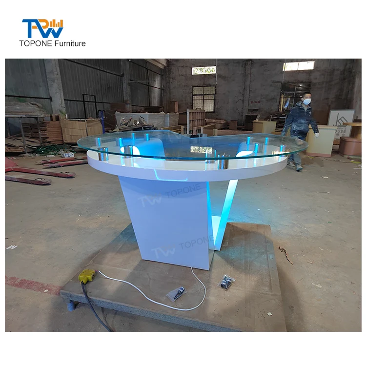 Customized White Big broadcast table of Radio TV Broadcasting Equipment Triangle Artificial Stone TV news desk