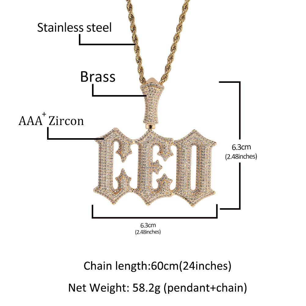 DE Spike Sparkling Fashion Stylish Hiphop Jewelry Iced Baguette Zircon Customized Big Letters Brass Pendant Necklace