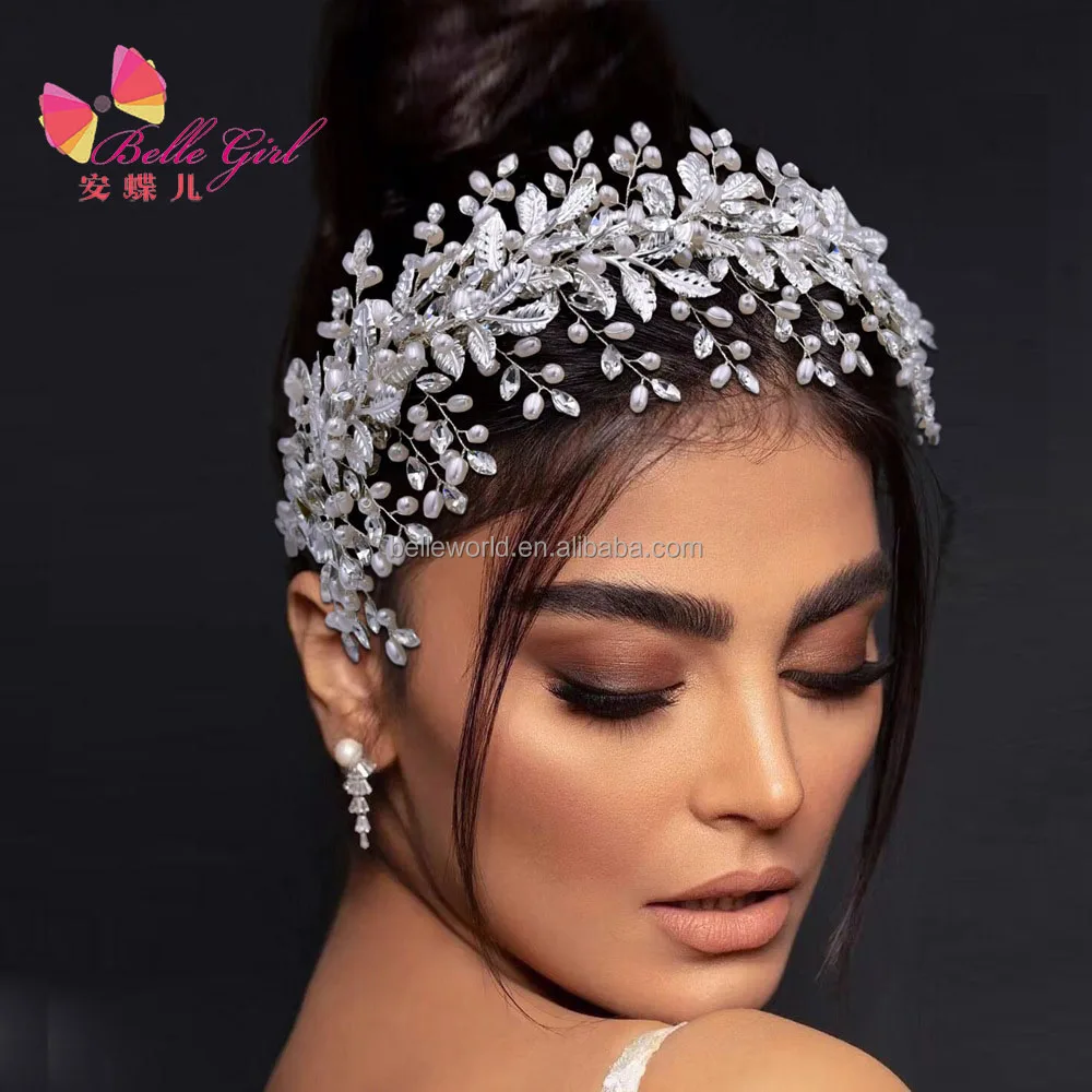 BELLEWORLD bride accessories handmade high quality silver rhinestone leaf shape wedding headpiece rhinestone headbands for bride