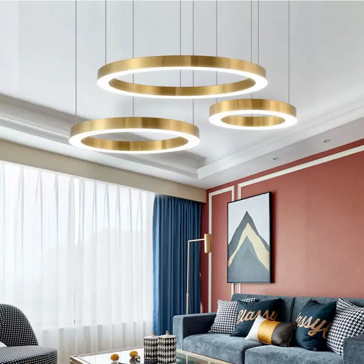 Home Decor 3rings High Ceiling Hanging Lamp Steel Led Round modern Nordic luxury crystal chandelier pendant light For Restaurant