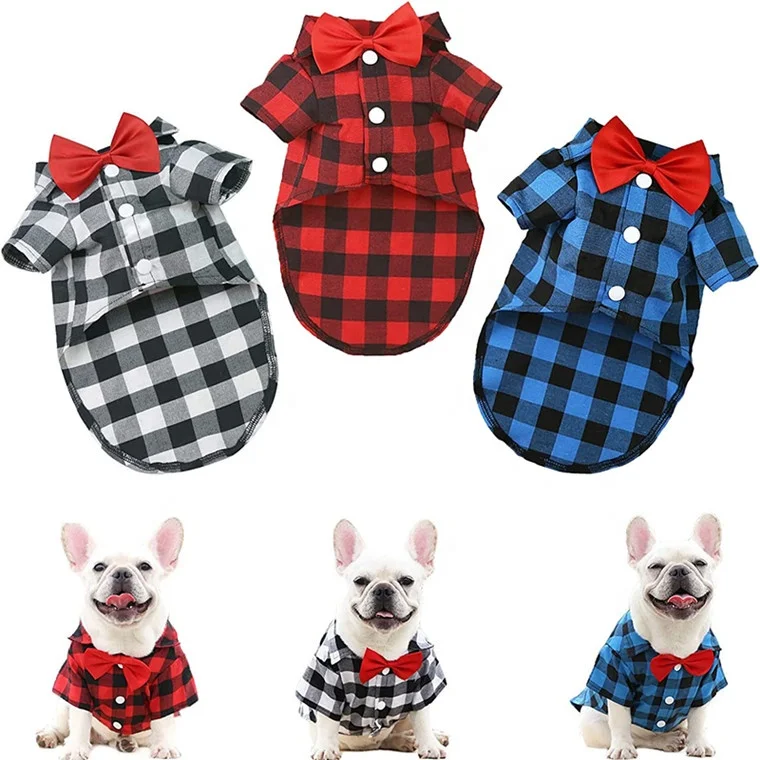 Cute Dog Clothes Plaid Puppy Shirt Bow Tie Dog Outfit Wedding Party Pet Clothes