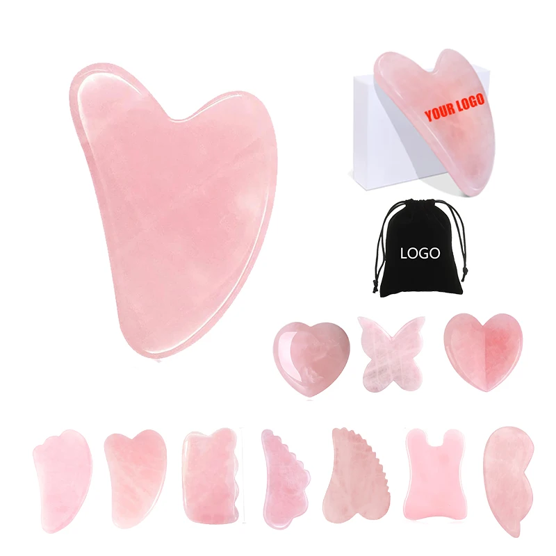 Custom Rose Quartz Gua Sha Stone Set Facial Tool Natural Pink Jade Gua Sha Heart V U Butterfly Massage Guasha pour visage