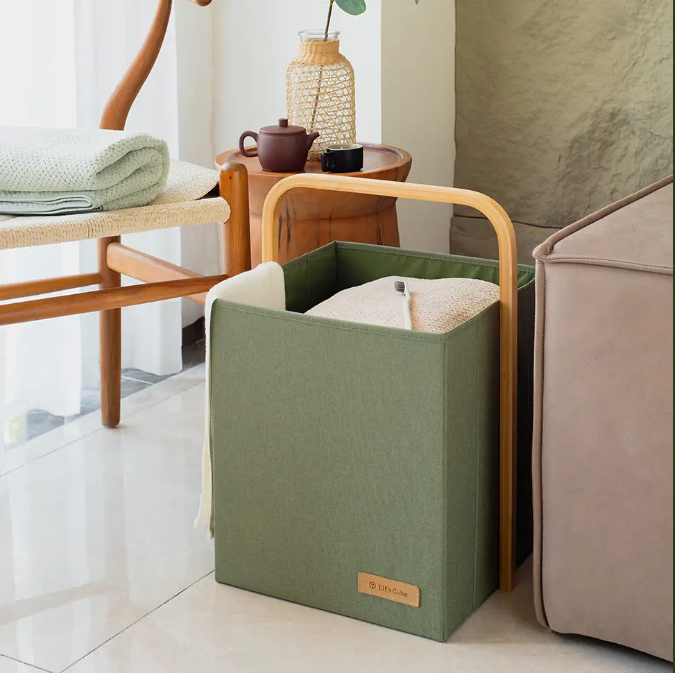 Open Storage Basket Portable Hamper Foldable Green Laundry Baskets with Bamboo Handle Bag Fabric Storage Boxes & Bins Canvas N/A