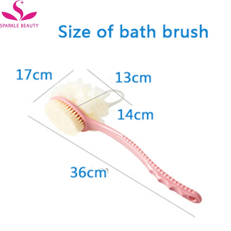 Bath Brush with Bristles and Loofah Back Scrubber Mesh Sponge with Curved Long Handle for Skin Exfoliating