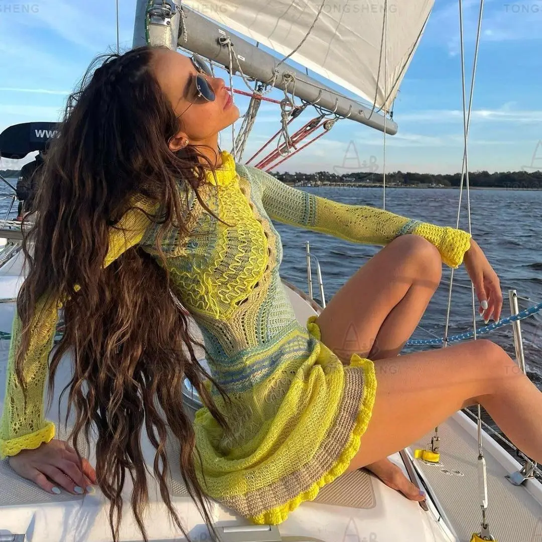2024 Summer Hollow Splicing Handmade Crochet Knit Dress Outfits Perspective Color Block Colorful Crochet Dresses For Women
