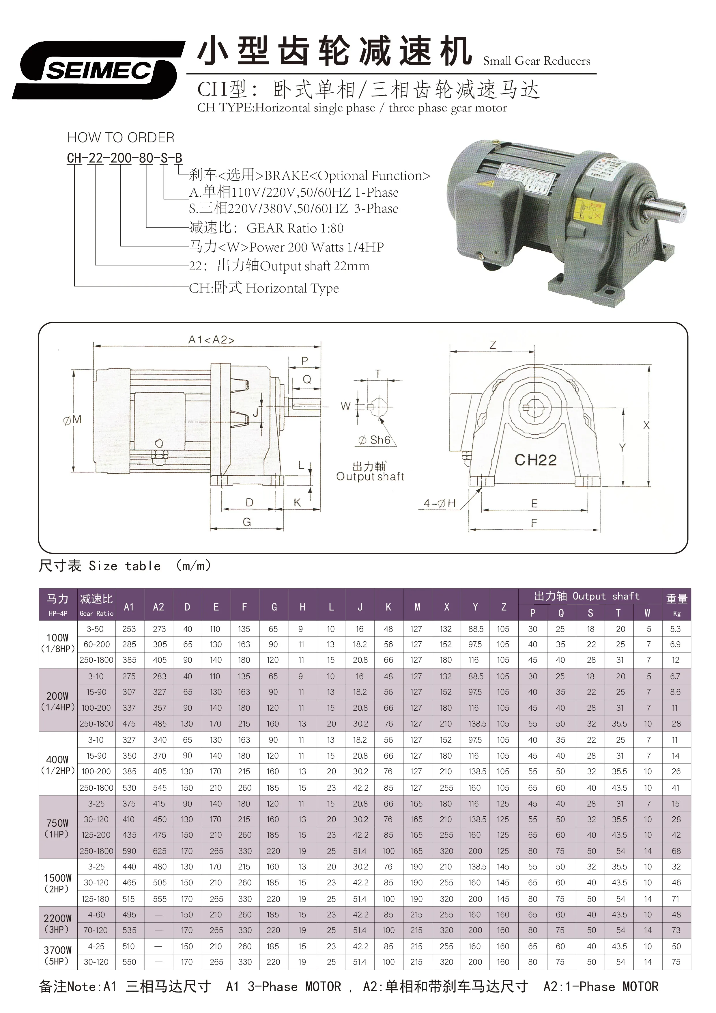 High Foot mounted coxiale 380V 220V china gear reducer CH22 Standard output shaft