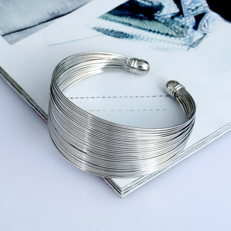 Punk Multilayer Iron Wire Wrap Open Bangle Wide Cuff Bracelet For Women Jewelry Metal Black Gold Silver Color Bangle Female