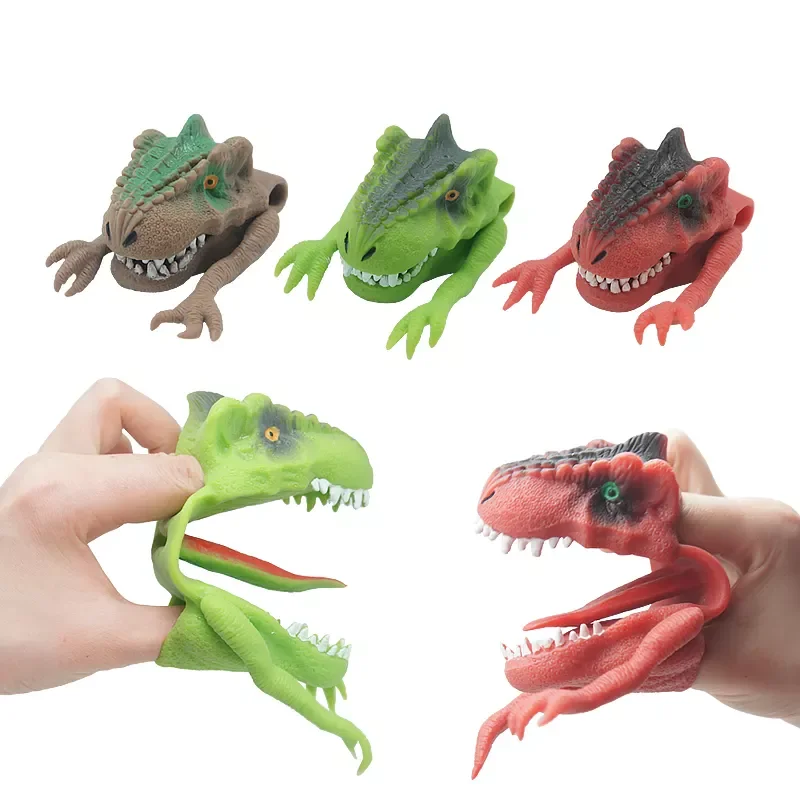 Funny Soft TPR Plastic Animal Dinosaur Head Finger Puppet Tongue Feet Rubber Fingers Puppets