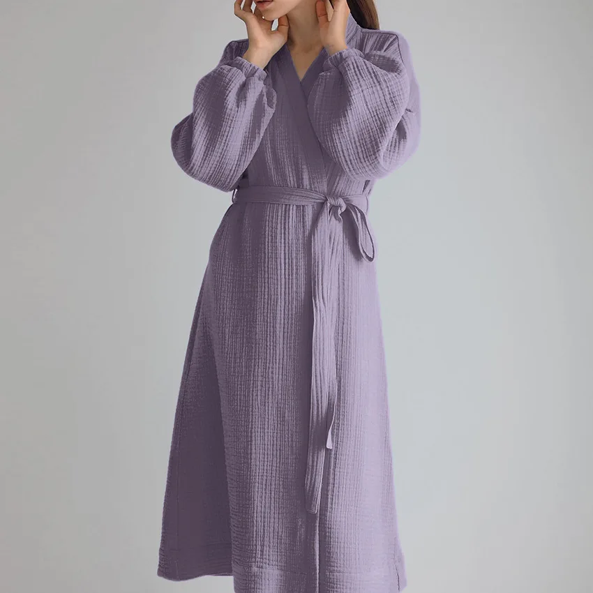High Quality Double-Layer crepe Custom organic cotton muslin 4 Layer lady gown Breathable Women Bathrobe Luxury SPA