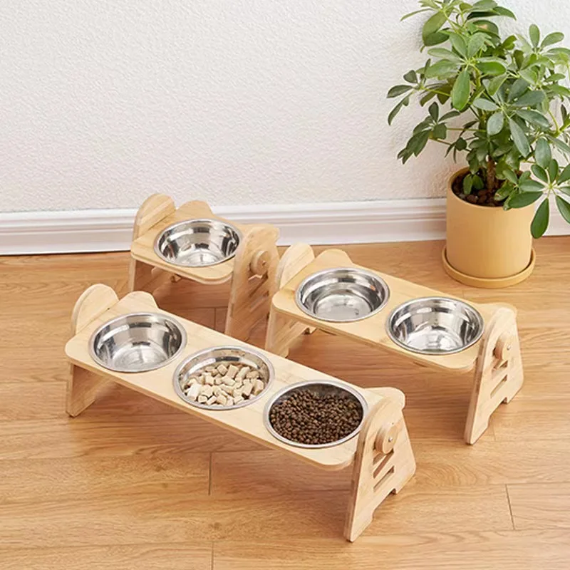 Wholesale custom logo small pet diagonal anti-upset pet dog bowl protection cervical vertebra adjustable bamboo frame