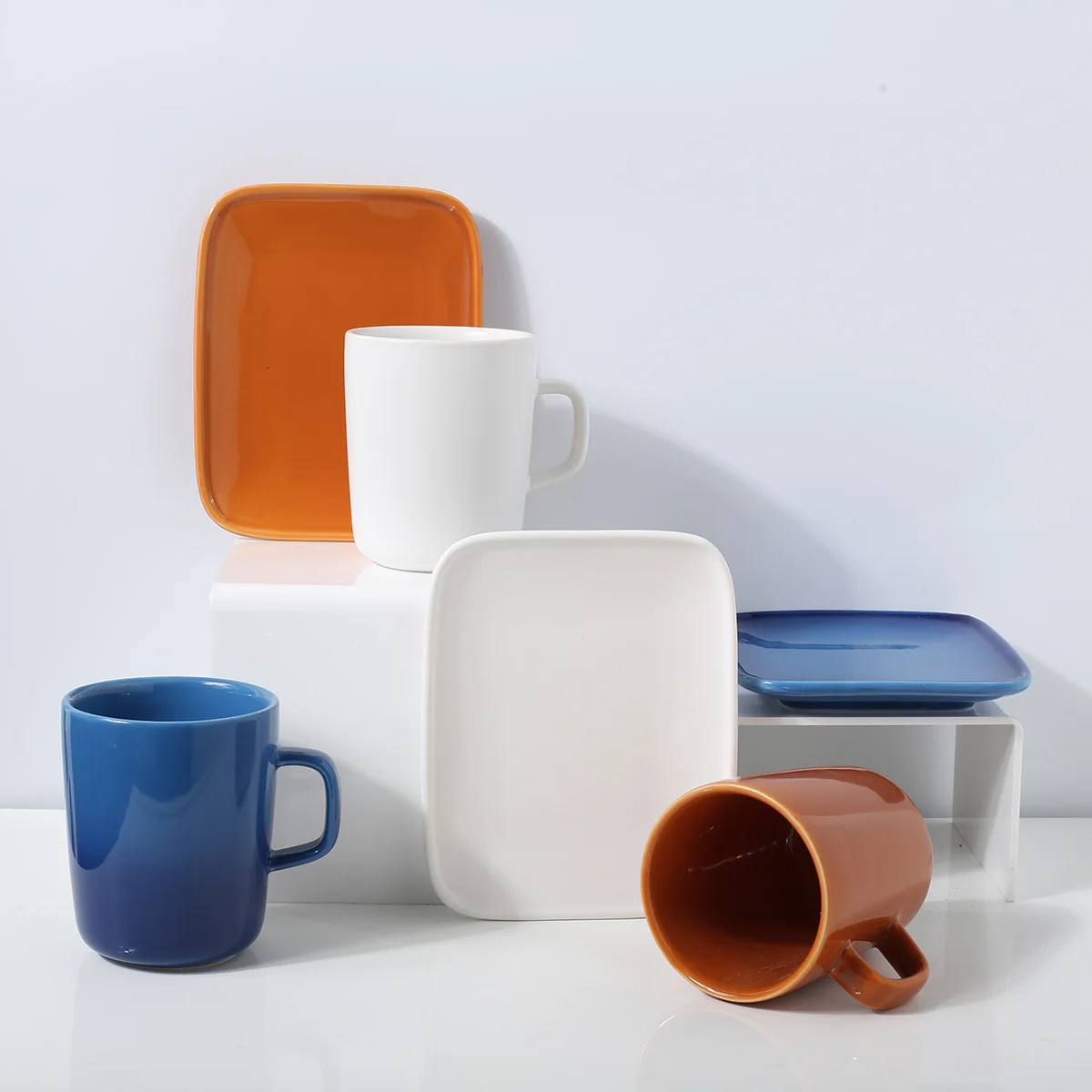 Wholesale Nordic Mug White Brown Blue Colors Ceramic Mugs Coffee Cup And Plate Set