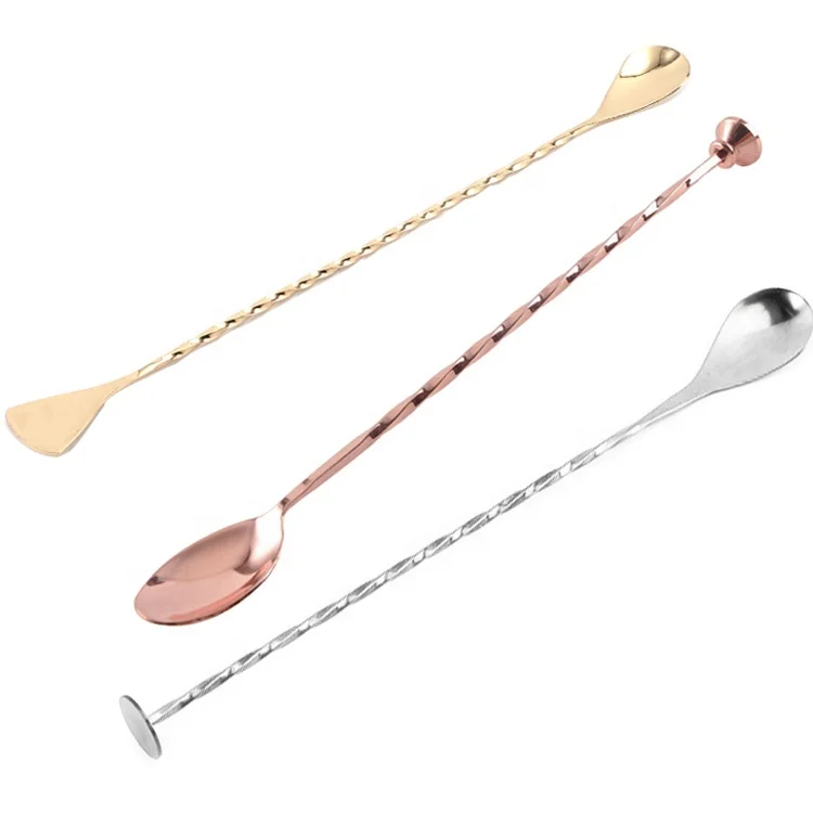 Customized logo silver rose gold metal food grade stainless steel 304 bar spoon swizzle sticks cocktail stirrer for drinking