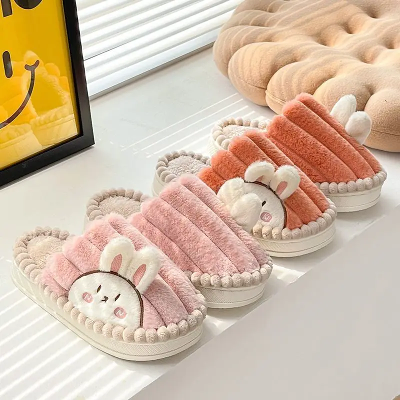 Cute Rabbit Couple Cotton Slippers Female Winter Student Dormitory Stay at Home Anti-slip and Warm Fur Furry Slippers