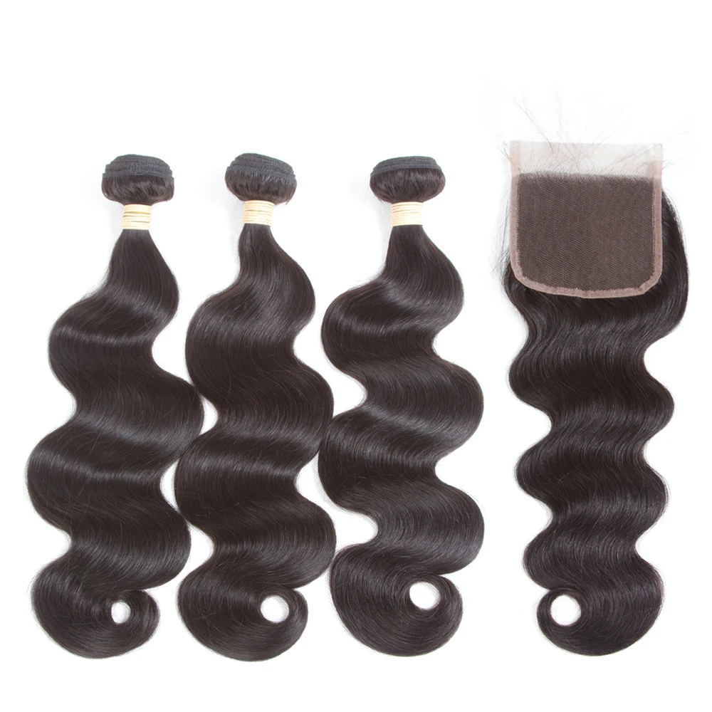 10 А, 3 штуки, разные пучки волос длиной с одним куском, 4*4, кружевная застежка, без спутывания, без линяния, натуральный цвет, 100% человеческие волосы