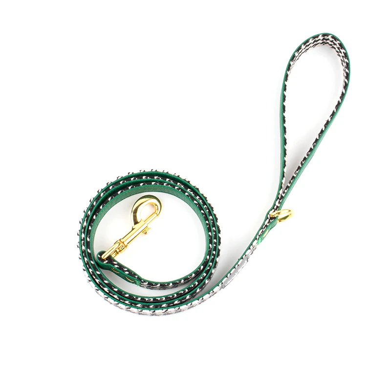 New Design Adjustable Green Pu leather Thousand Birds Print Pattern Dog harness set with PVC Label and Metal buckle for Puppy