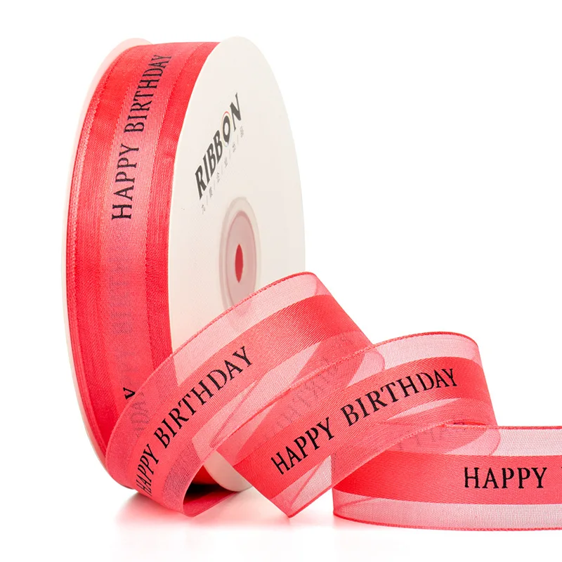 Wholesale Stock Birthday Ribbon Printed Custom Logo Printed Wired Edge Christmas Satin Ribbon