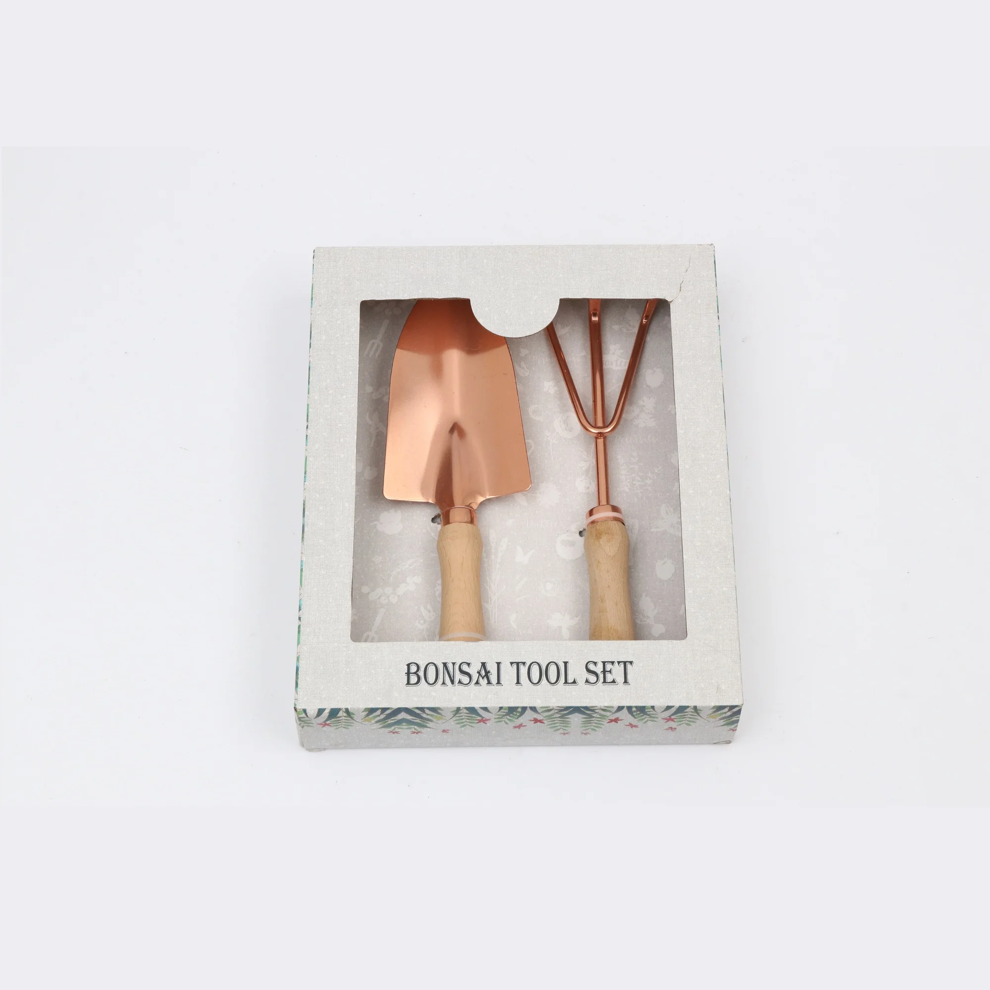 Factory Price Rose Gold Spade Cultivator 2 piece Custom Garden Equipment Tools Shovel Rake with Wooden Handle