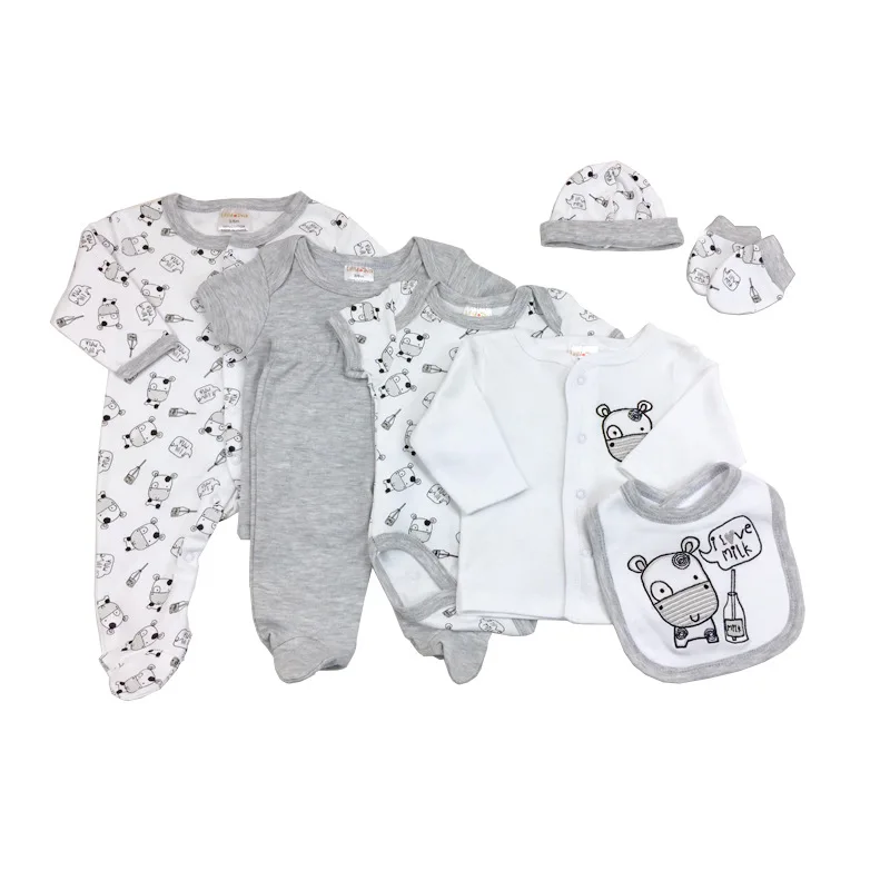  Organic cotton newborn baby clothes rompers 8-pieces mittens socks hat bibs