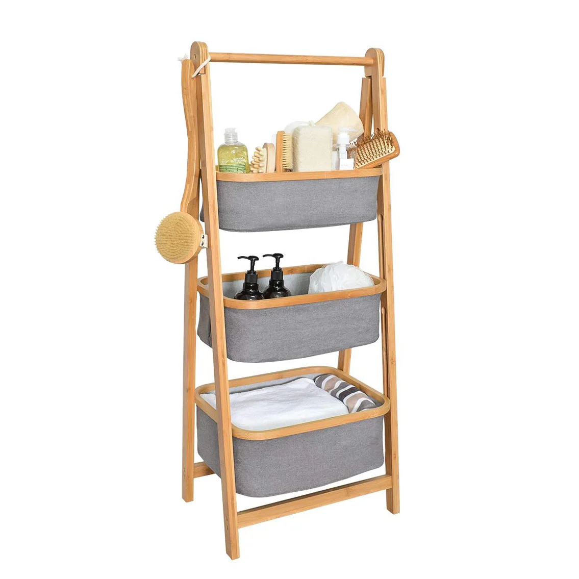 
three tier 3 layer Bathroom large capacity fabric laundry stand storage basket under the bamboo shelf 