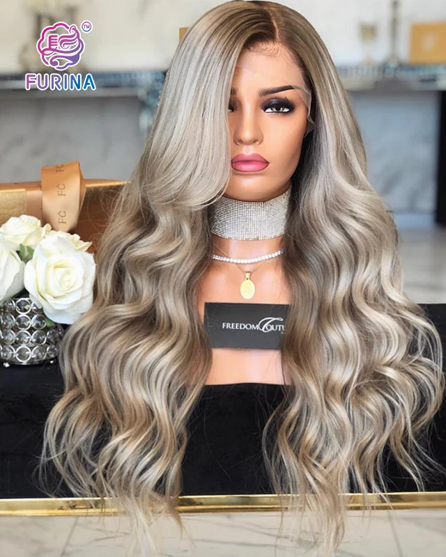 White women long wavy 26' Japanese fiber middle part ombre highlight synthetic lace wigs