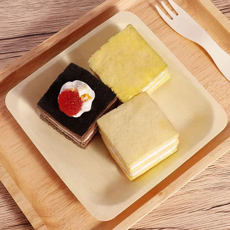 Disposable Wooden Dishes Plates Dessert Flat Square Rustic Wood Food Tray Plat En Bois