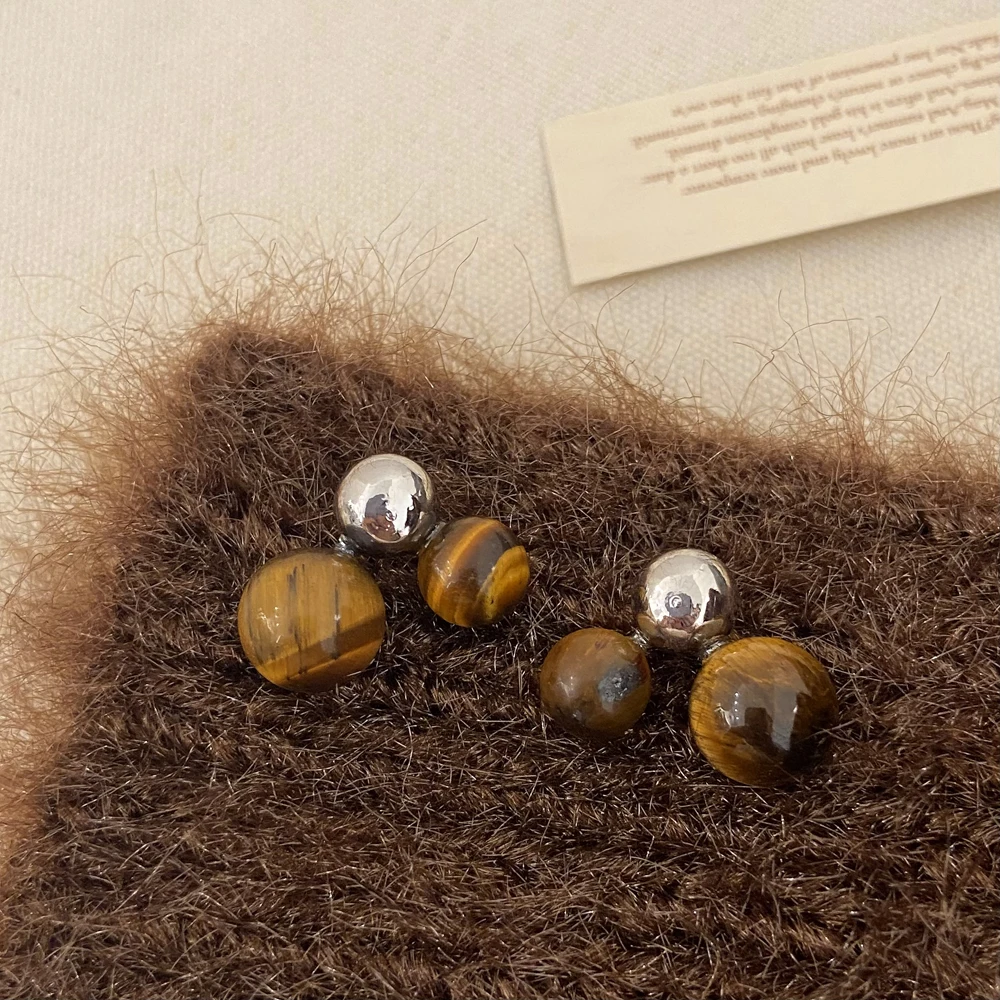 Vershal A-46 Natural Stone Tiger Eyes Luxury Jewelry 18K Gold Plated Geometric Sphere Ball Shape Stud Earrings