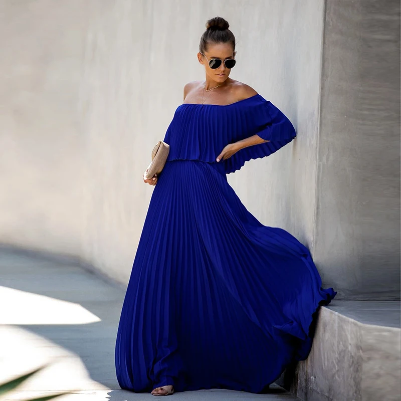 Off shoulder beach dresses Women party dress maxi ruffle solid pink autumn dresses