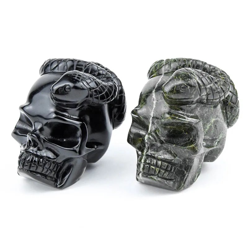 Hand Carved Crystal Animals Black Obsidian Skulls With Snake For Crafts