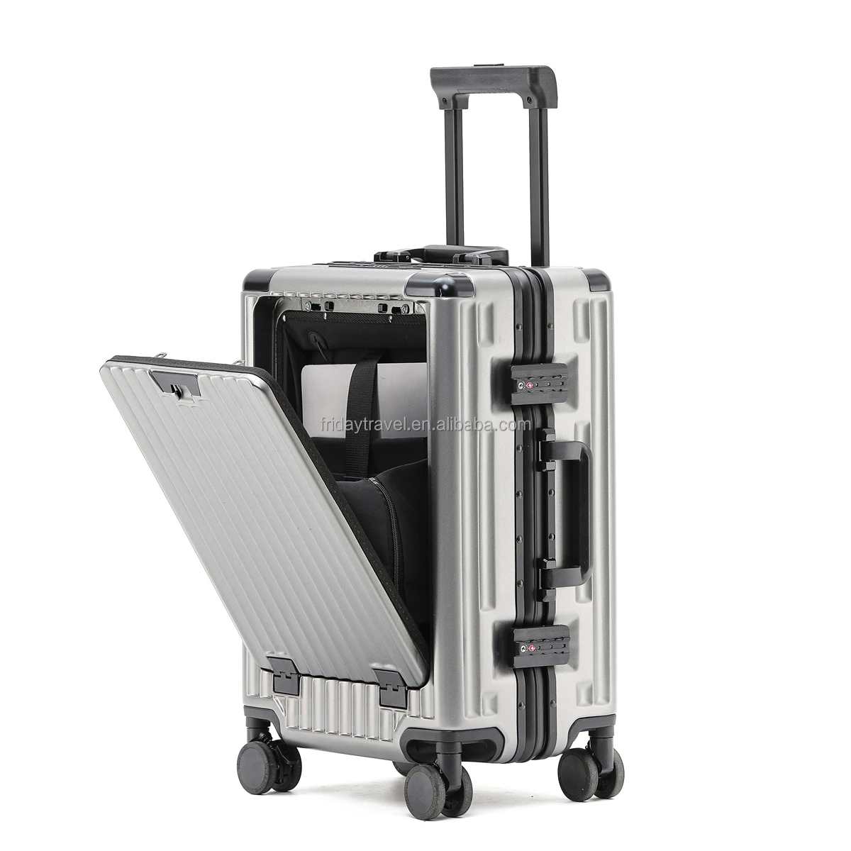 Unisex Multifunctional ABS+PC Luggage Front Open Aluminum Frame Spinner Caster Frosted Compartment Trolley Suitcase