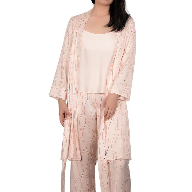Guixiu Womens 3 Piece  Satin Sleepwear Set wave Printed Kimono Bathrobe Camisole Trousers  Dress Lingerie Set Nightgown and Robe