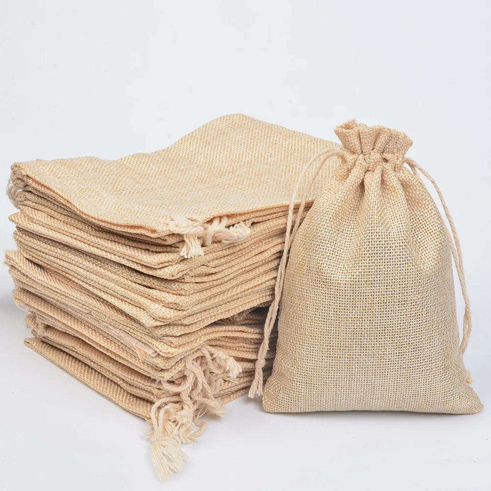 Natural Small Sack Bag Jute Burlap Drawstring Pouch Christmas Halloween Gift Candy Bags