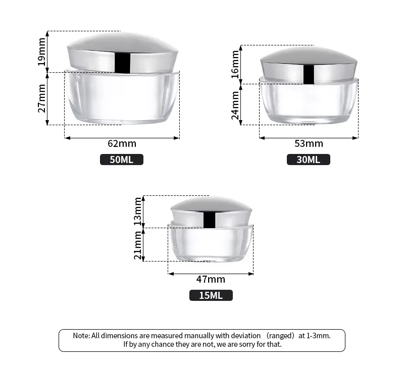 Luxury silver lid 15ml 30ml 50ml thick double wall eye cream face cream clear cosmetic skincare plastic cream jar container