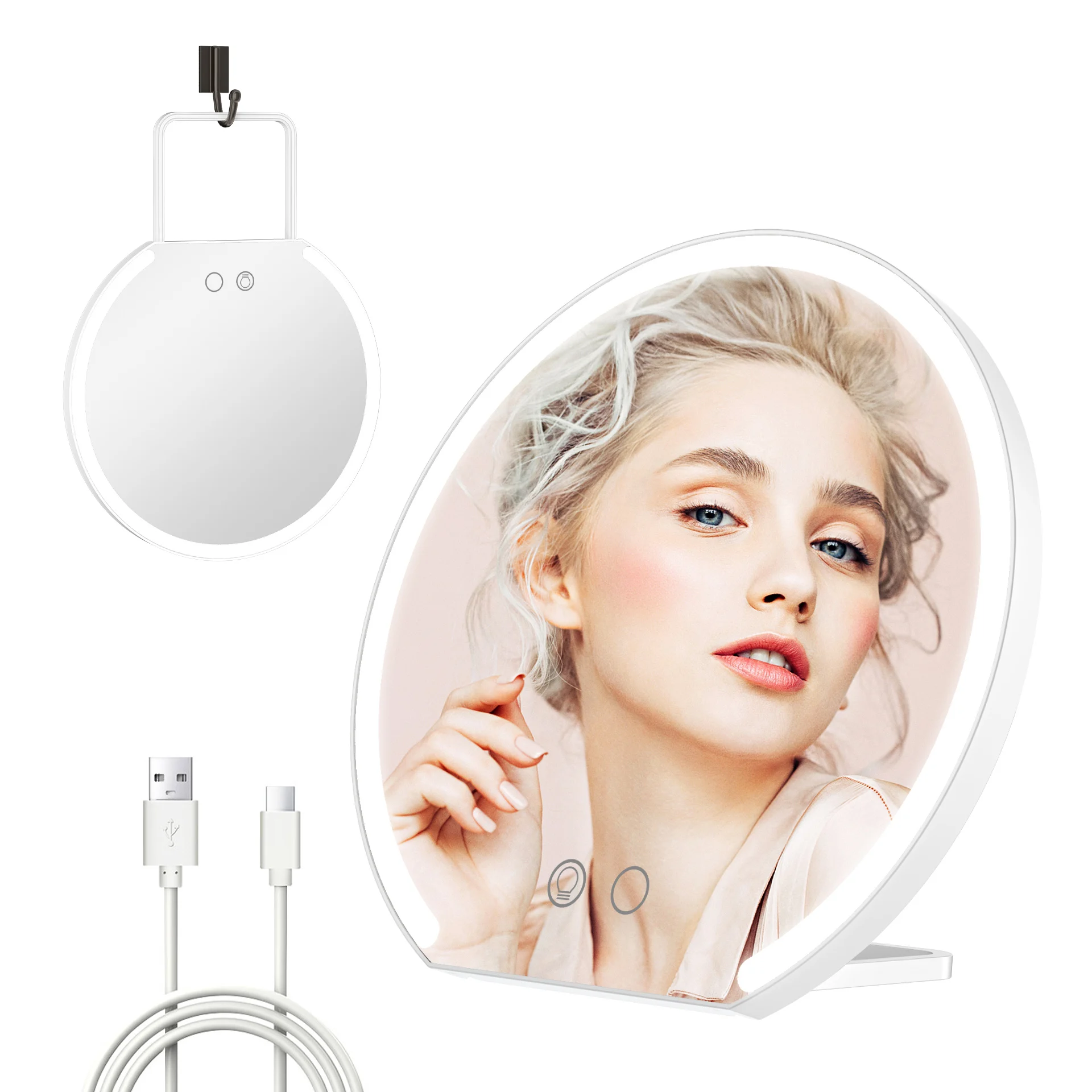 2023 New Arrivals Round Tabletop Makeup Mirror with Folding Stand Portable Travel LED Hanging Wall Mirror with lights