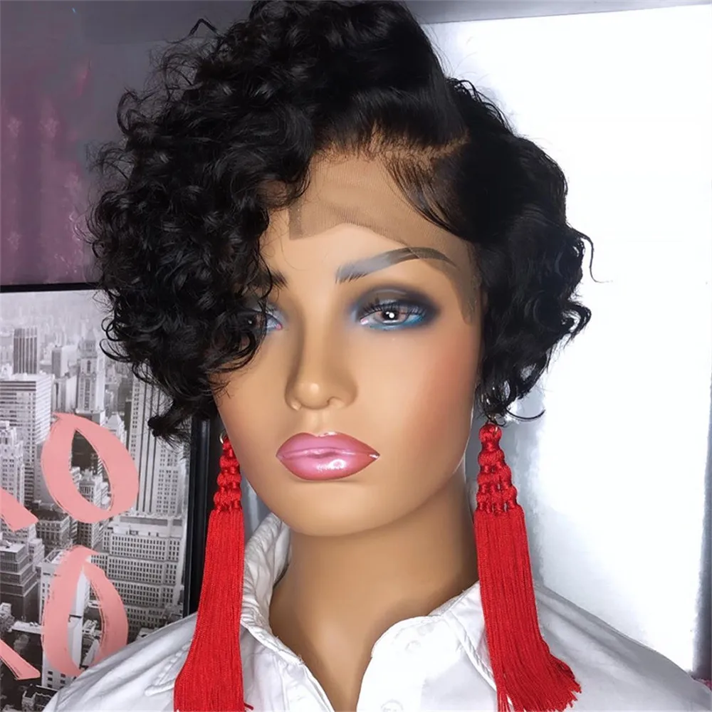Wholesale Full Cuticle Human Hair Wig pixie cut human hair wig T Lace Frontal Curly Brazilian Virgin Human Hair Wigs for woman