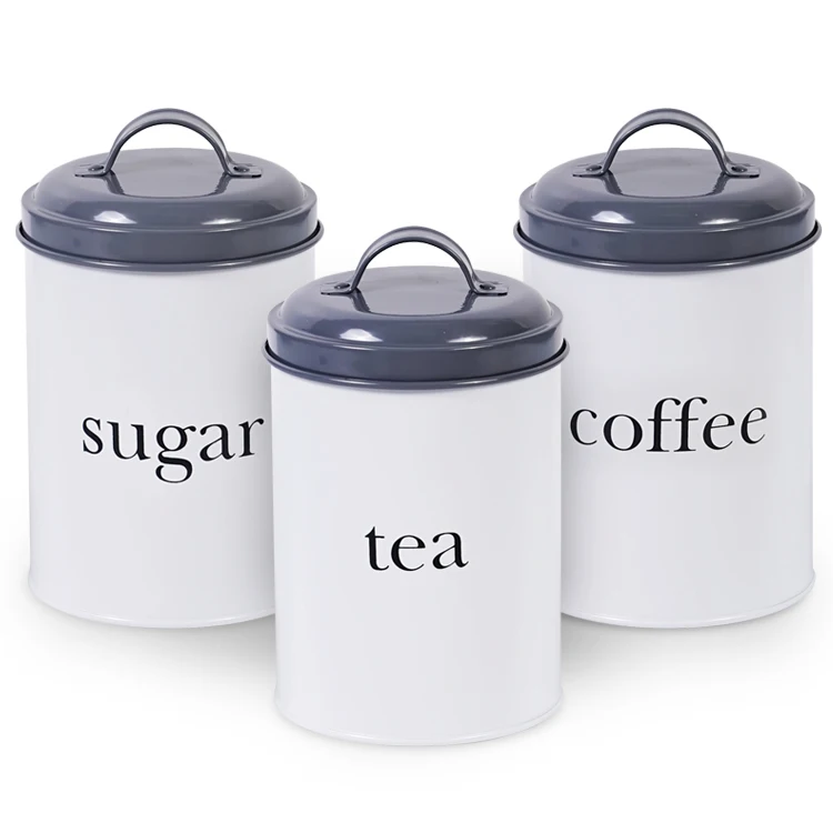 Round Shape Vintage Storage Jar Powder Coated Metal Case Kitchen Canister Tea Coffee Sugar Set of 3