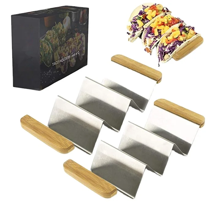 Taco Holder Stand - Set of 2 with Premium Bamboo Wood Handles Gourmet Restaurant Style Stainless Steel Taco Holders Serving Tray
