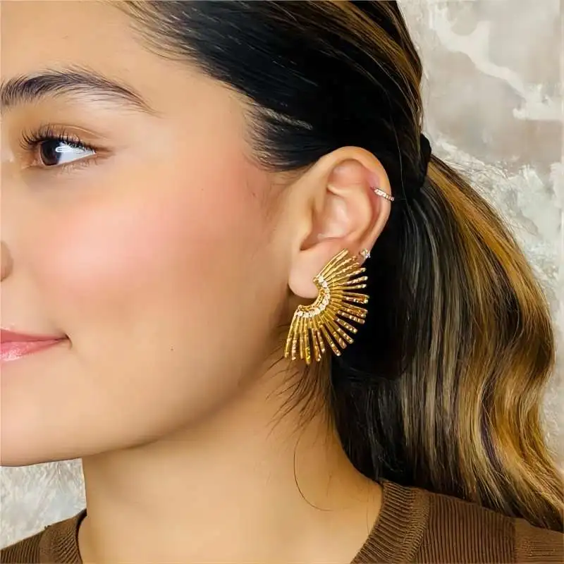 Statement 18K PVD Gold Plated Sun Shaped Vintage Stud Earring Tarnish Free Stainless Steel CZ Zircon Earrings Jewelry