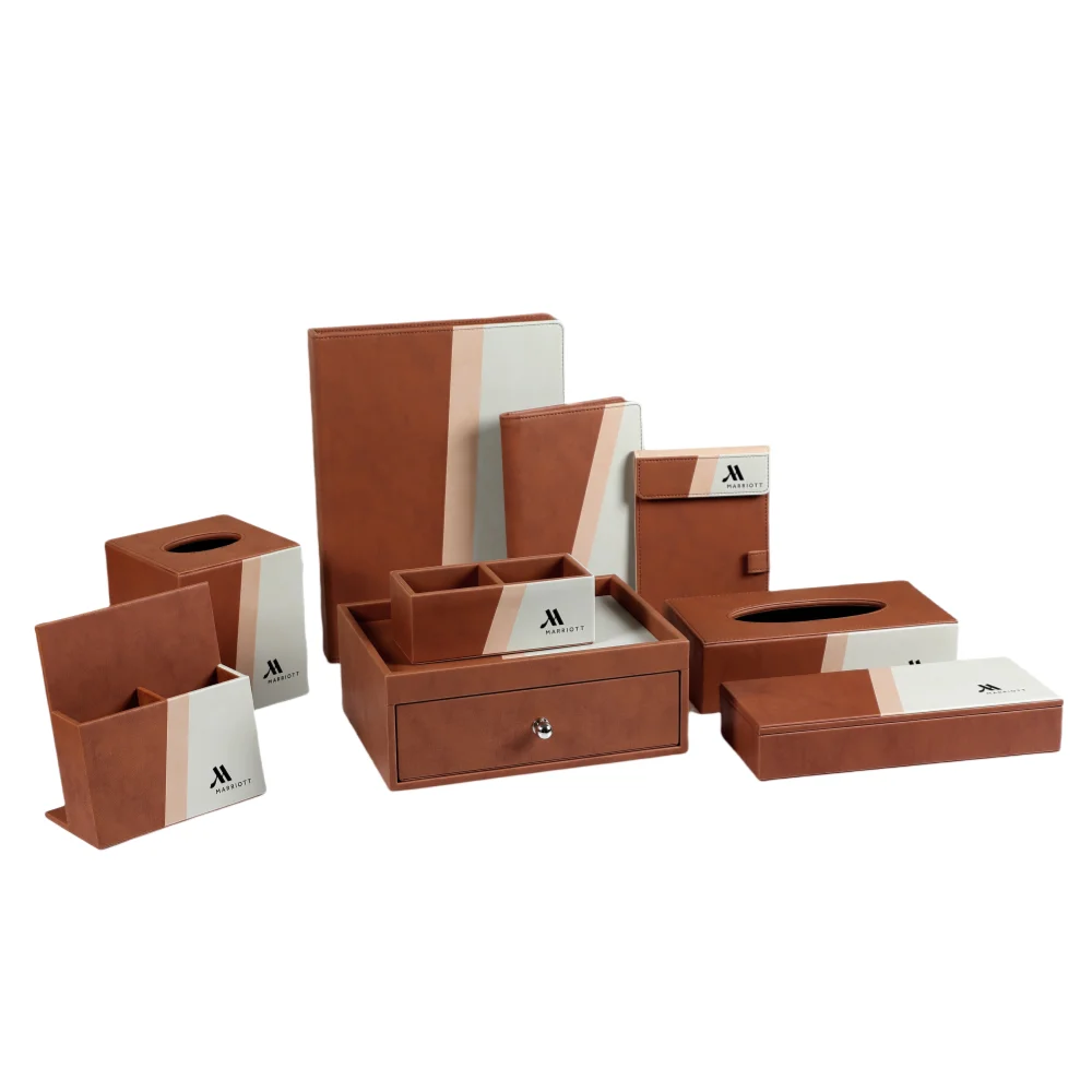 OEM Luxury Hotel Leather Products Set Customized Hotel Room Accessories Leather Service Tray Hotel Tissue box