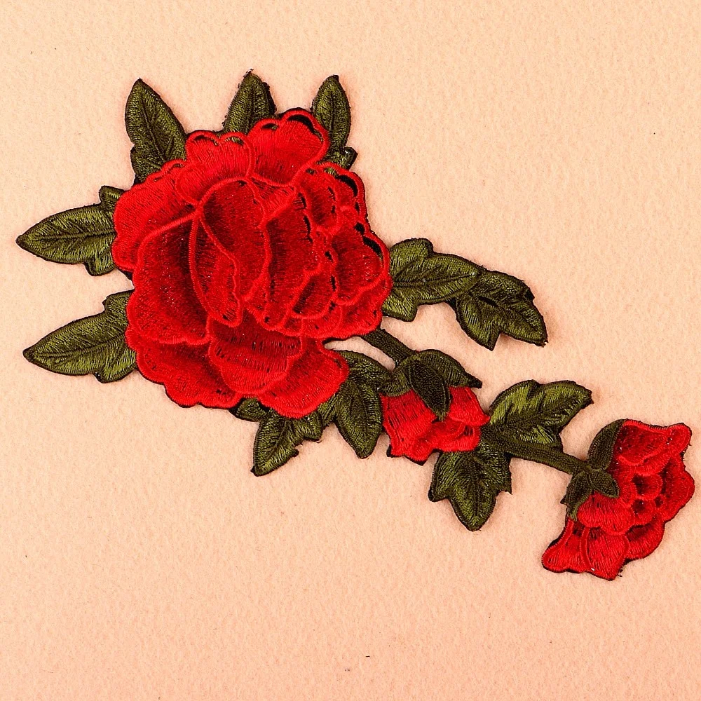 Hot Sale Red Rose Floral Embroidery Patches For Clothing