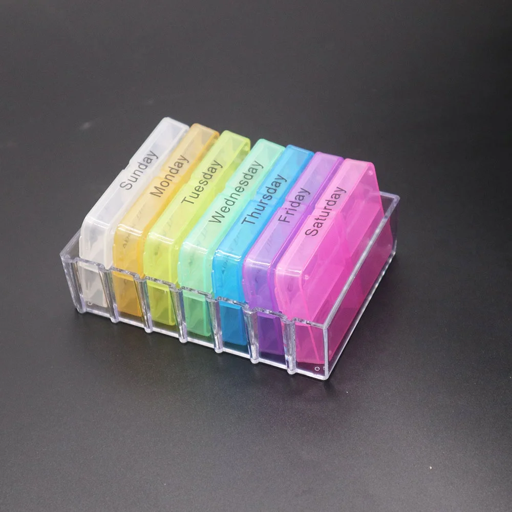 Custom Branded Plastic Rainbow Colorful Weekly Pill Box 4 Times a Day 7 Day Weekly Compact Prescription Vitamin Organizer