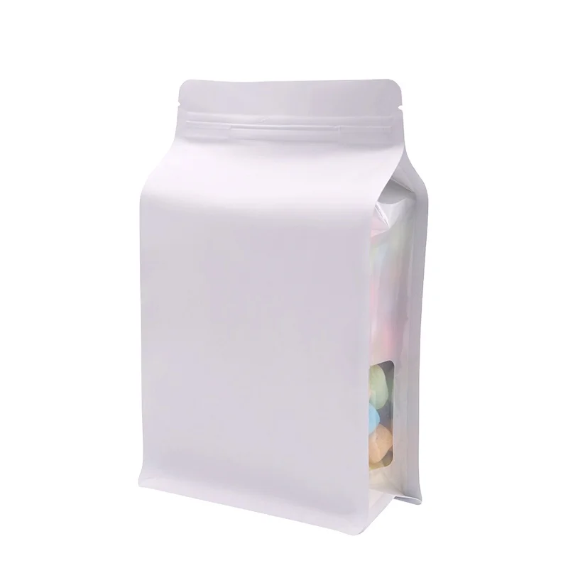 High quality 8 side seal tea coffee bean zipper flat bottom pouch with side window for pet food