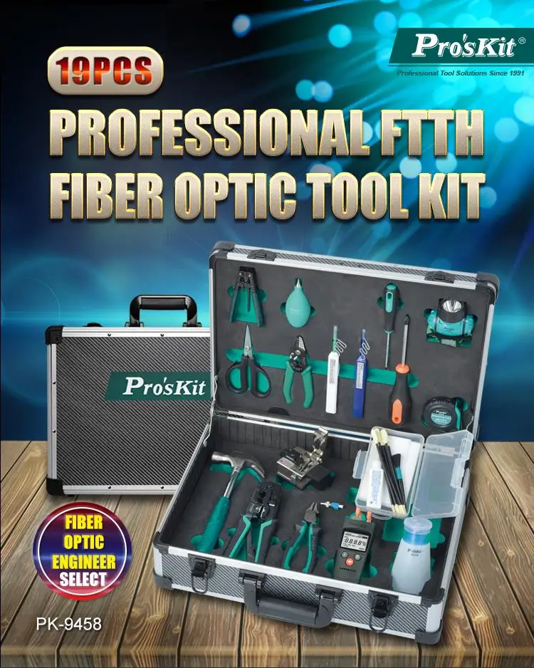 pk-9458 Professional FTTH tool kit  for fiber optic fusion splice Mechanical Splicing and patch cord termination procedure
